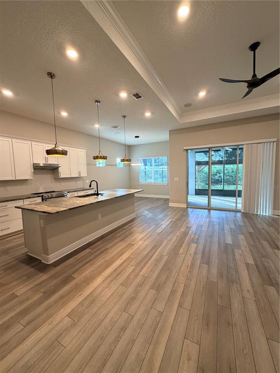 A kitchen with a large island, white cabinets, and wood-look flooring opens to a patio — 8975 SW 59TH LANE ROAD, OCALA, FL