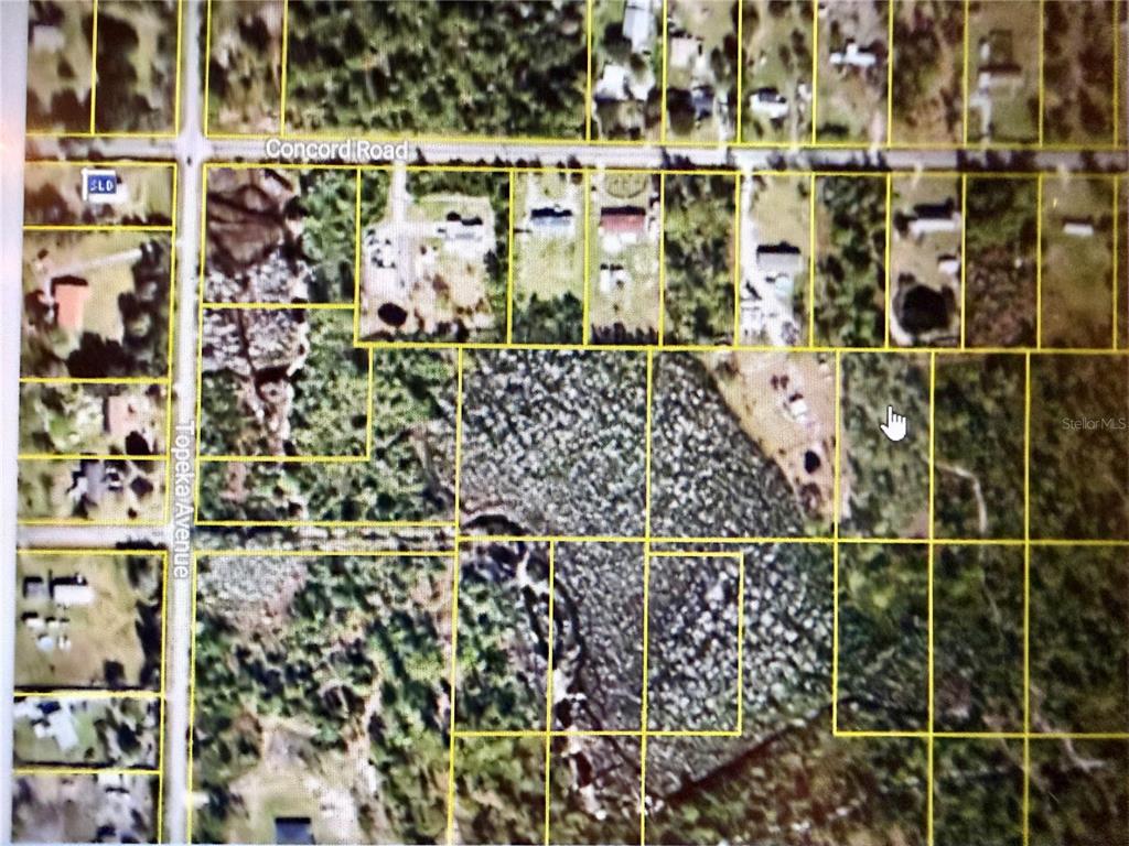 This is an aerial map showing several rectangular land parcels near a road intersection — CONCORD ROAD, ST CLOUD, FL