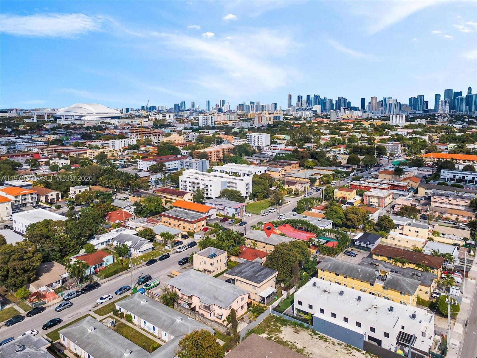 An aerial view shows a residential neighborhood with a red location pin on a building — 1836 SW 6th St, Miami FL 33135, MIAMI, FL
