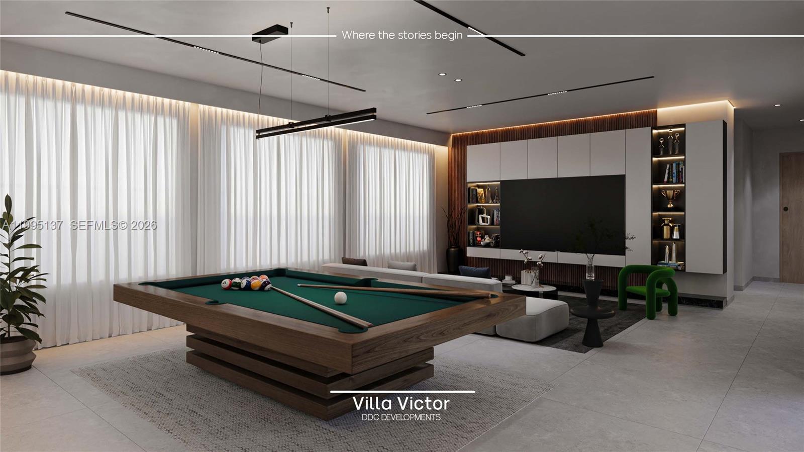 This rendering shows a modern living room featuring a pool table, media wall, and curtains — 3620 Justison Rd, Miami FL 33133, MIAMI, FL