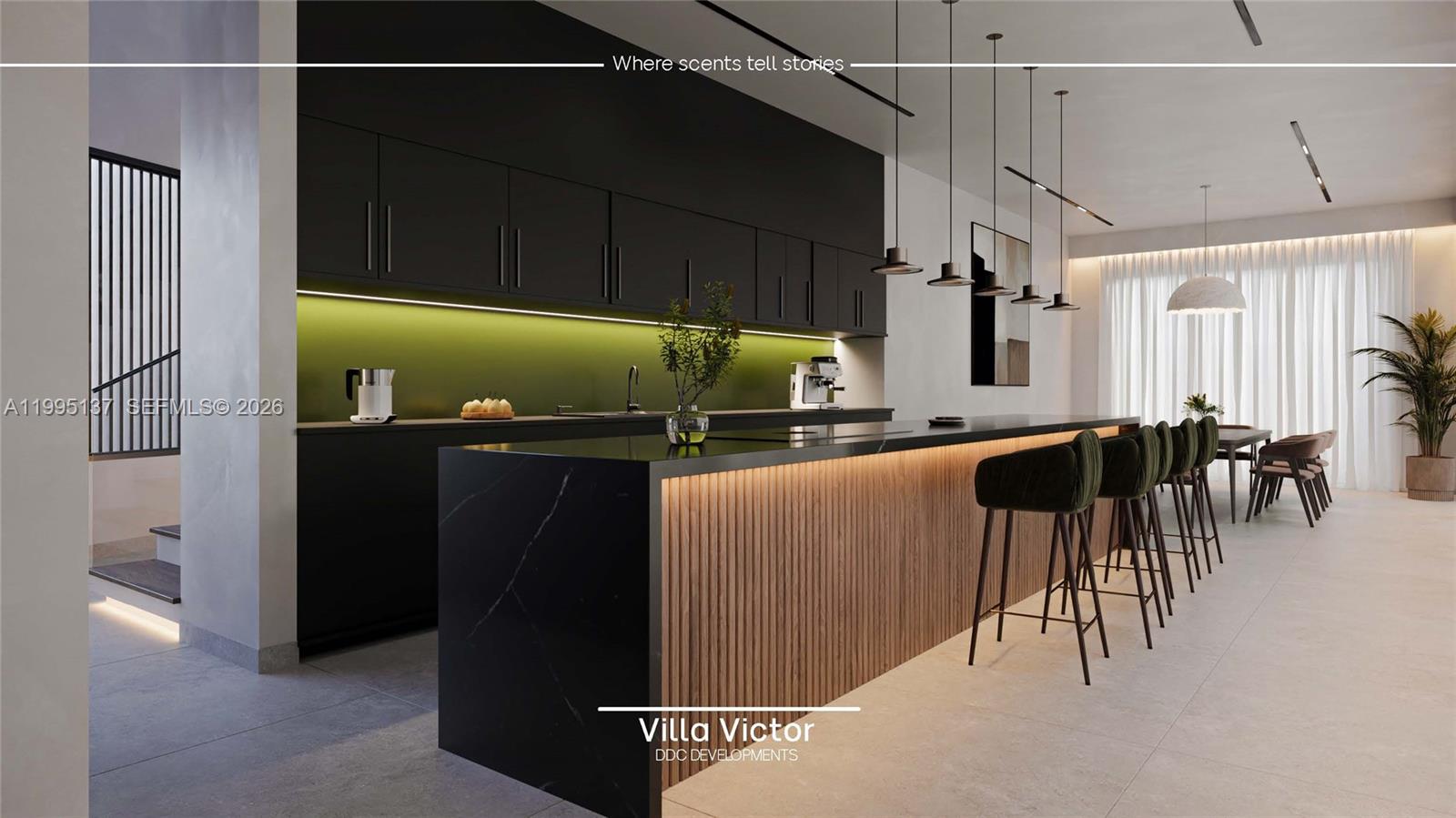 This rendering shows a modern kitchen with black cabinetry, a marble island, and wood paneling — 3620 Justison Rd, Miami FL 33133, MIAMI, FL