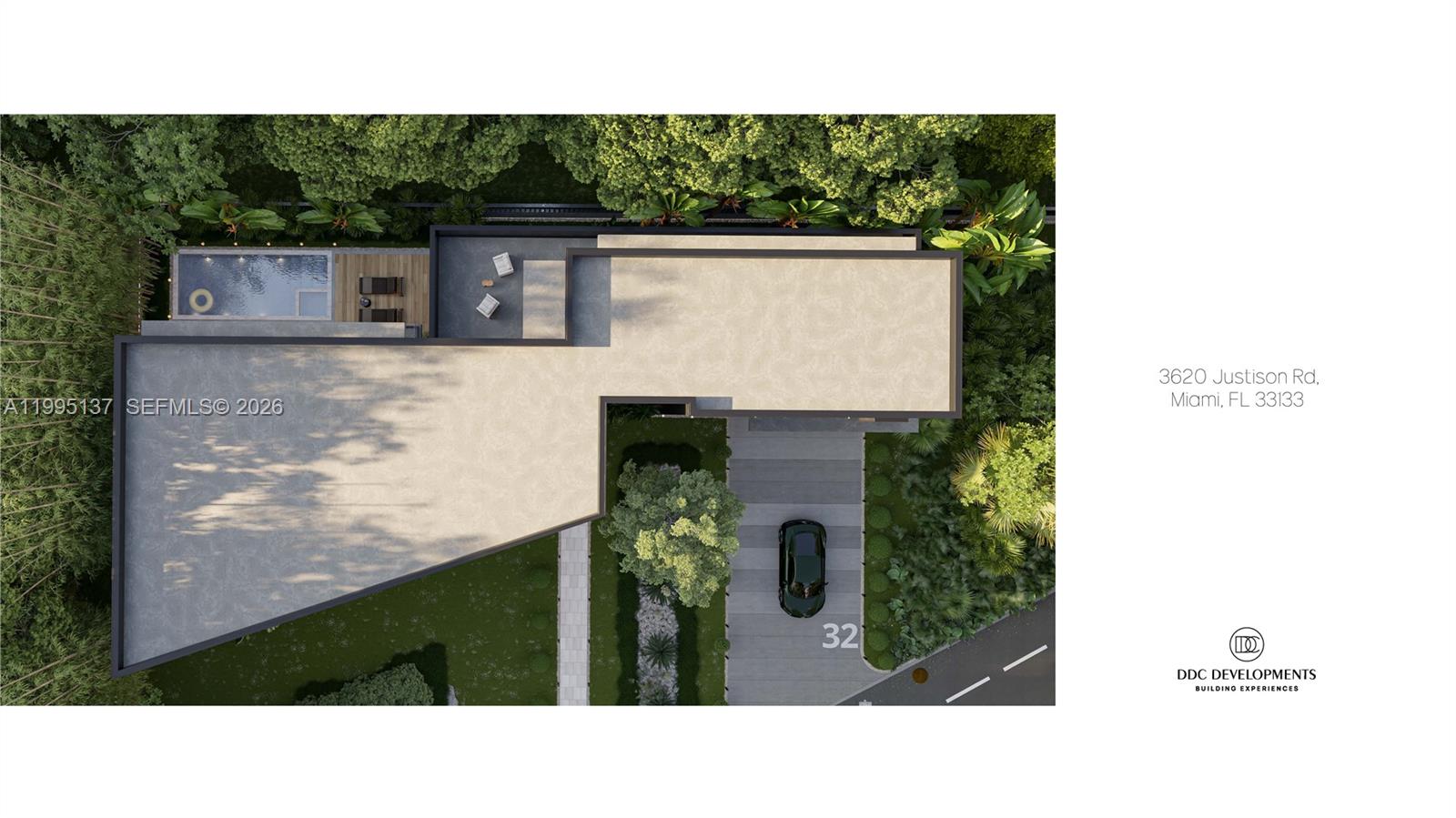 This is a top-down architectural rendering of a modern house with a pool and driveway — 3620 Justison Rd, Miami FL 33133, MIAMI, FL