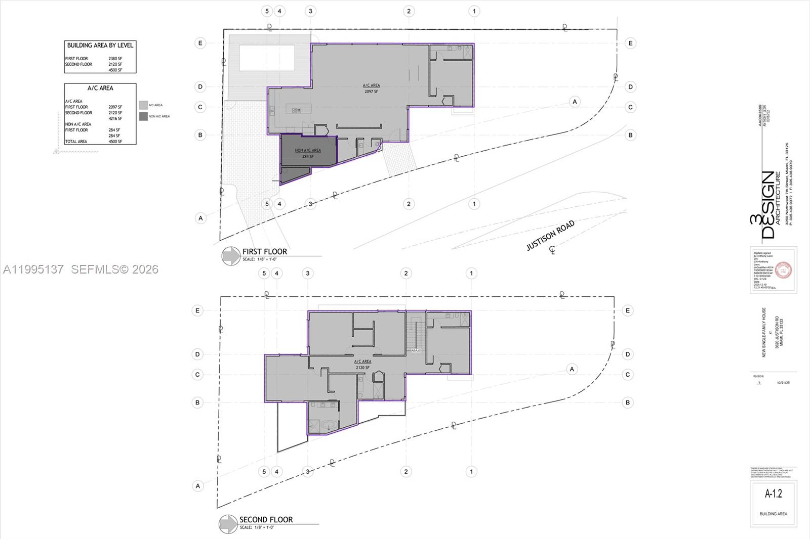 This image shows the first and second floor plans for a new single-family house — 3620 Justison Rd, Miami FL 33133, MIAMI, FL