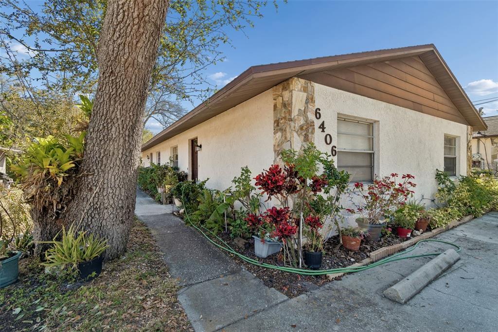 A single-story stucco building with a stone corner accent and a concrete walkway — 6404 S ADELIA AVENUE, TAMPA, FL