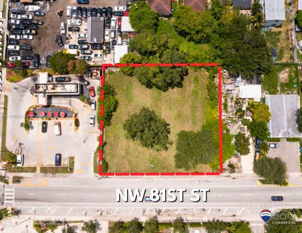 An aerial view shows a rectangular vacant lot bordered by a road and trees — 710 NW 81st Street, Miami FL 33150, MIAMI, FL