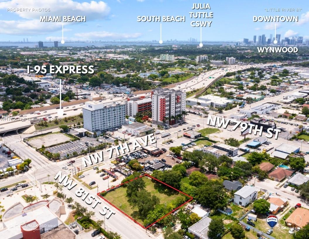 An aerial view shows a vacant lot outlined in red at a street intersection — 710 NW 81st Street, Miami FL 33150, MIAMI, FL