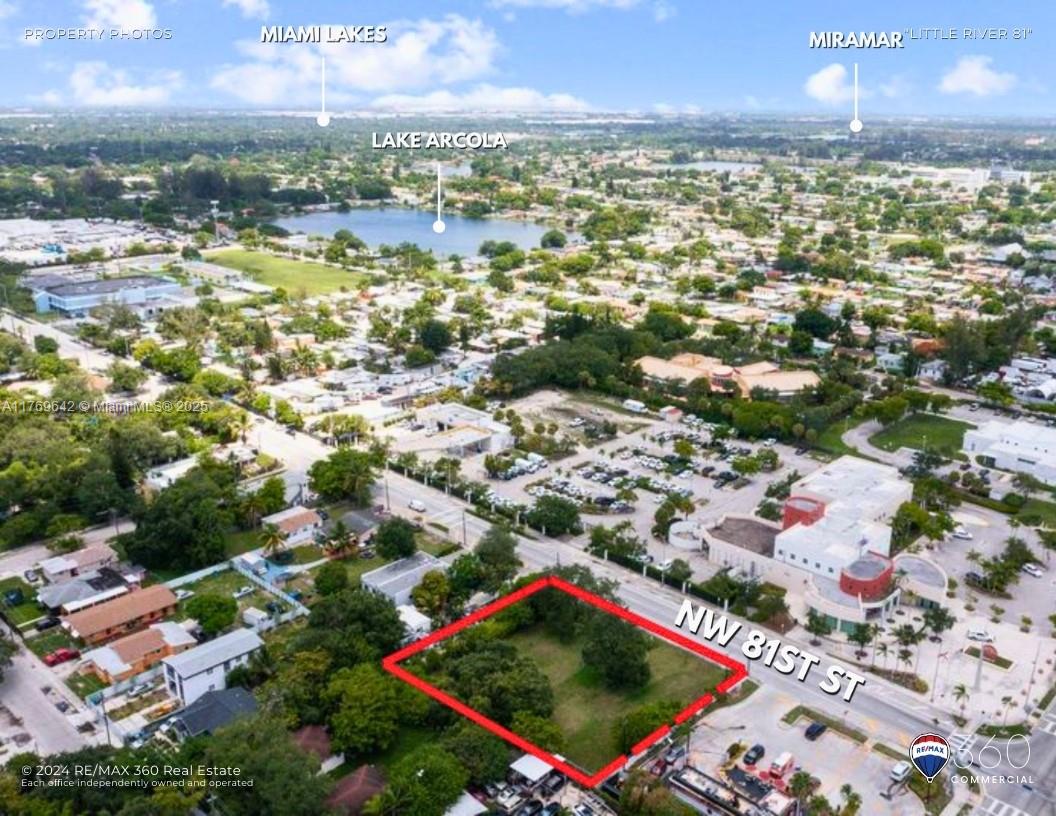 An aerial view shows a vacant, tree-covered lot outlined in red along a paved street — 710 NW 81st Street, Miami FL 33150, MIAMI, FL