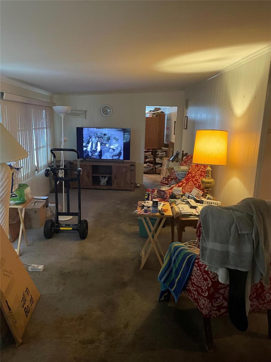 A living room with carpeted floors, a television, and various pieces of furniture and clutter — 8581 SW 20th Place, Davie FL 33324, DAVIE, FL