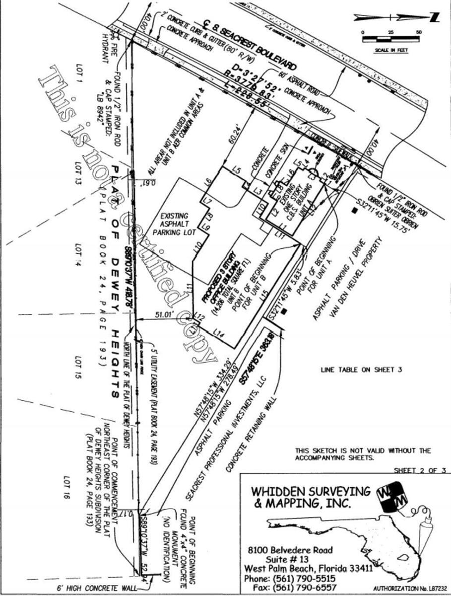This image is a land survey map showing property boundaries, existing buildings, and parking areas — 2860 S Seacrest Boulevard, Boynton Beach FL 33435, BOYNTON BEACH, FL