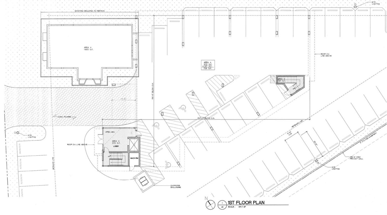 This is a 1st floor plan showing an existing building, a new structure, and parking — 2860 S Seacrest Boulevard, Boynton Beach FL 33435, BOYNTON BEACH, FL