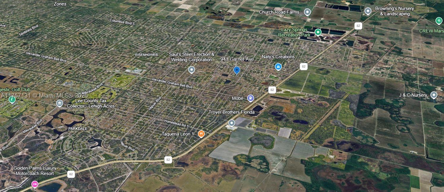 This is an aerial map view of a residential area in Lehigh Acres, Florida — 941 Garnet Ave, Lehigh Acres FL 33974, LEHIGH ACRES, FL