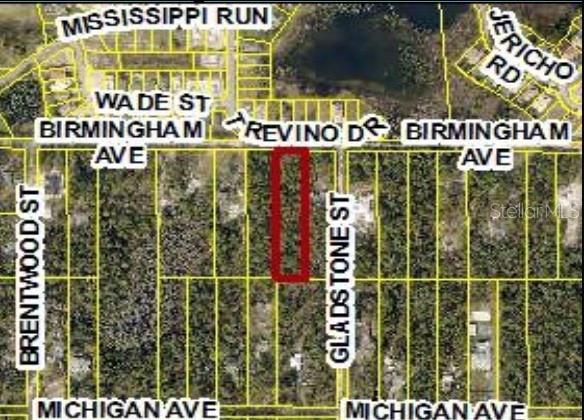 This is an aerial map showing a rectangular parcel of land highlighted in red — 9164 BIRMINGHAM AVENUE, WEEKI WACHEE, FL