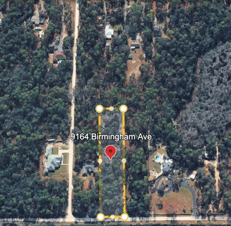 An aerial view shows a rectangular plot of land highlighted within a wooded residential area — 9164 BIRMINGHAM AVENUE, WEEKI WACHEE, FL