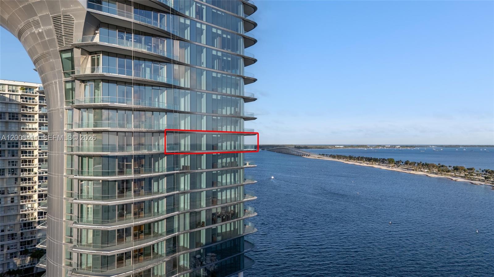 An exterior view of a high-rise building with a red box highlighting a balcony — 175 SE 25th Road # 1202, Miami FL 33129, MIAMI, FL