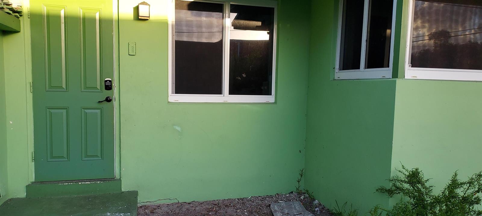A green exterior wall features a front door, a window, and a small porch area — 171 NE 117th Street, Miami FL 33161, MIAMI, FL