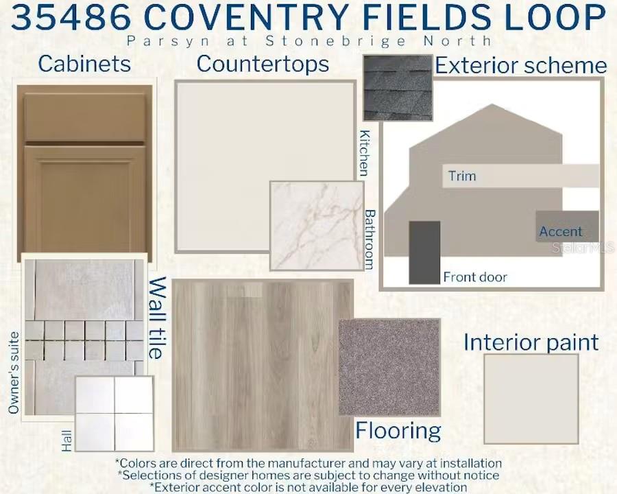 This design board displays material samples for cabinets, countertops, flooring, tile, and exterior color schemes — 35486 COVENTRY FIELDS LOOP, ZEPHYRHILLS, FL