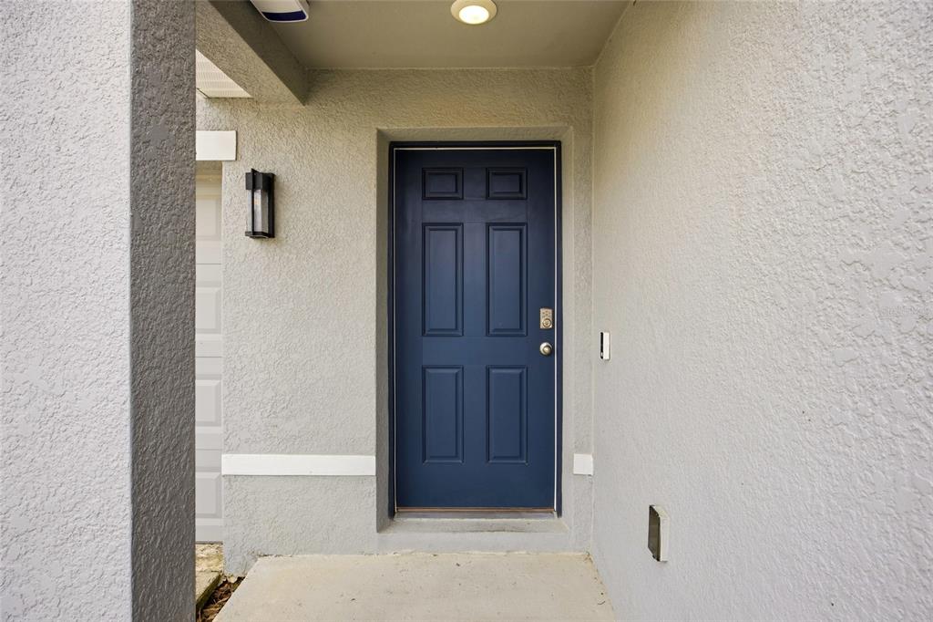 A blue front door is set into a light gray stucco entryway with a porch light — 5527 SW 43RD COURT, OCALA, FL