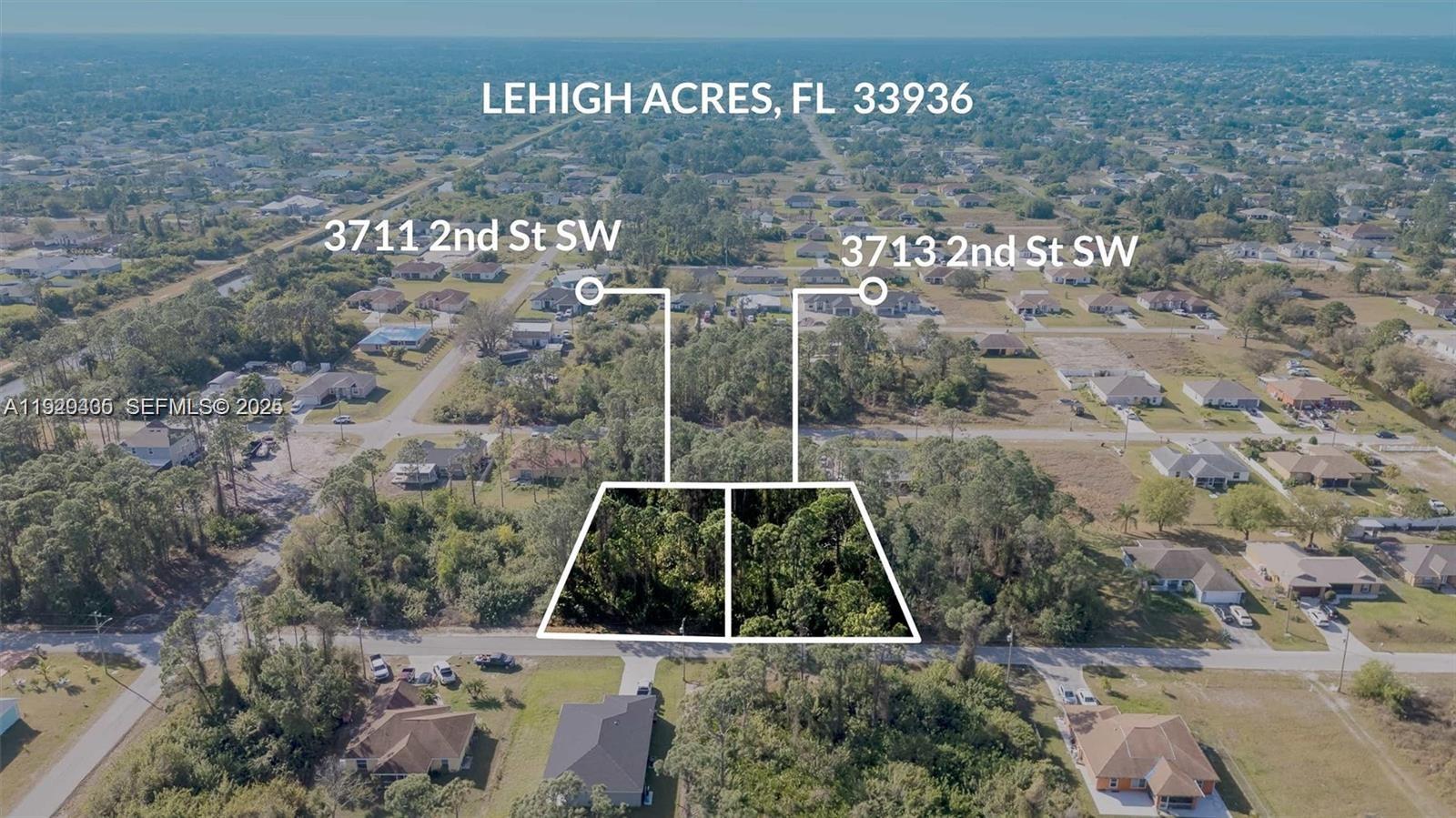 An aerial view shows two adjacent, wooded vacant lots situated along a paved residential street — 3713 sw 2nd st, Lehigh Acres FL 33976, LEHIGH ACRES, FL