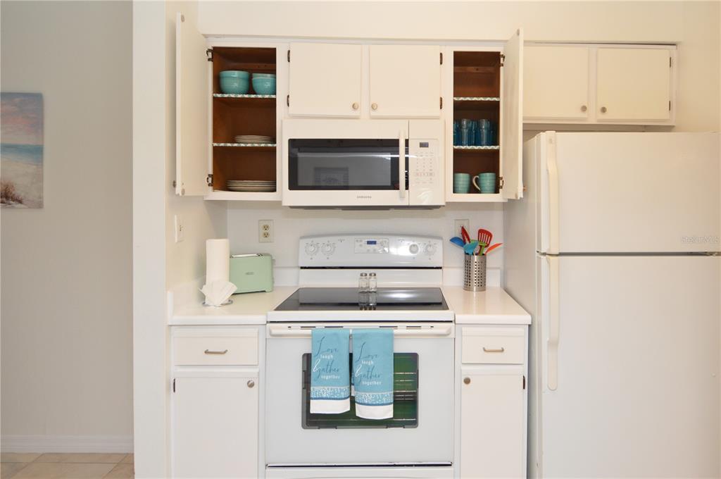 A kitchen features white cabinets, a white stove, a microwave, and a white refrigerator — 8625 MALLARD RESERVE DRIVE UNIT 101, TAMPA, FL