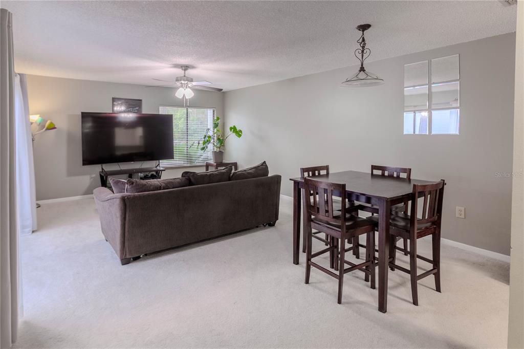 A living and dining area with gray walls, white carpet, a sofa, and a dining set — 3063 NW 28TH CIRCLE, GAINESVILLE, FL