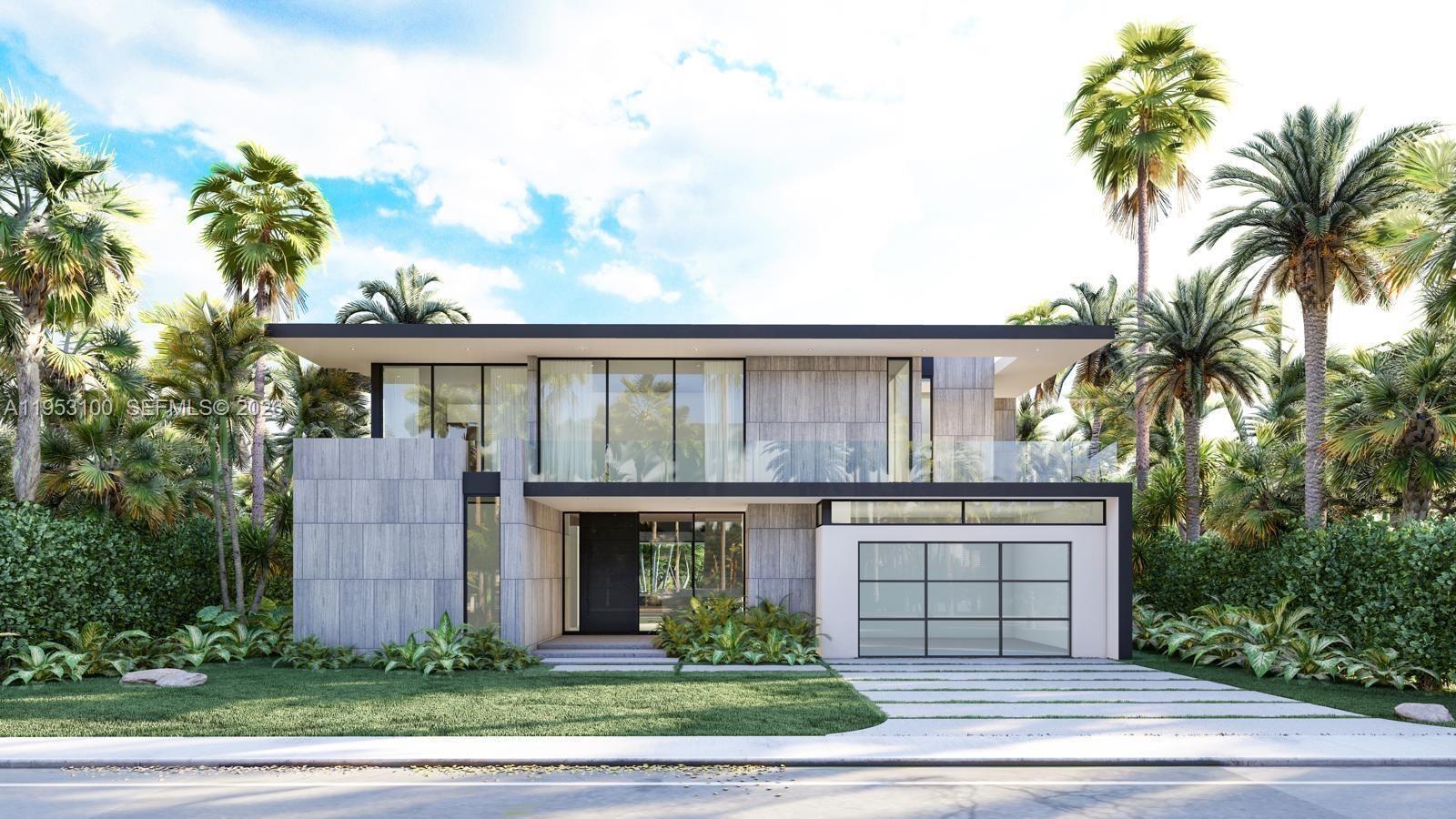 A digital rendering of a modern two-story house with stone cladding and a glass garage — 1230 101st St, Bay Harbor Islands FL 33154, BAY HARBOR ISLANDS, FL