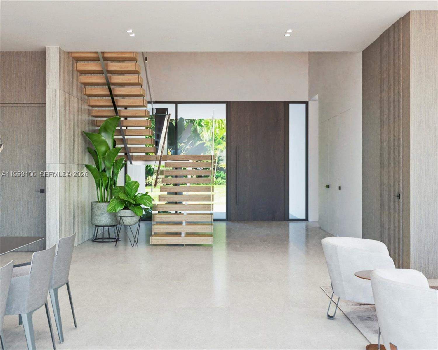 This rendering shows a modern entryway with a floating wooden staircase and large glass doors — 1230 101st St, Bay Harbor Islands FL 33154, BAY HARBOR ISLANDS, FL