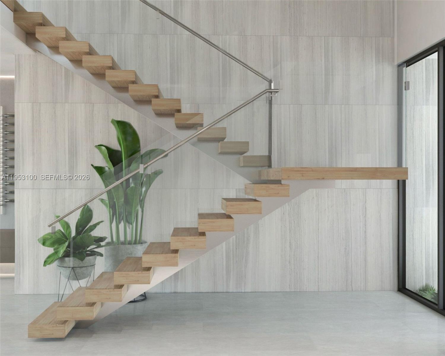 This is a rendering of a modern staircase with wooden floating steps and glass railings — 1230 101st St, Bay Harbor Islands FL 33154, BAY HARBOR ISLANDS, FL