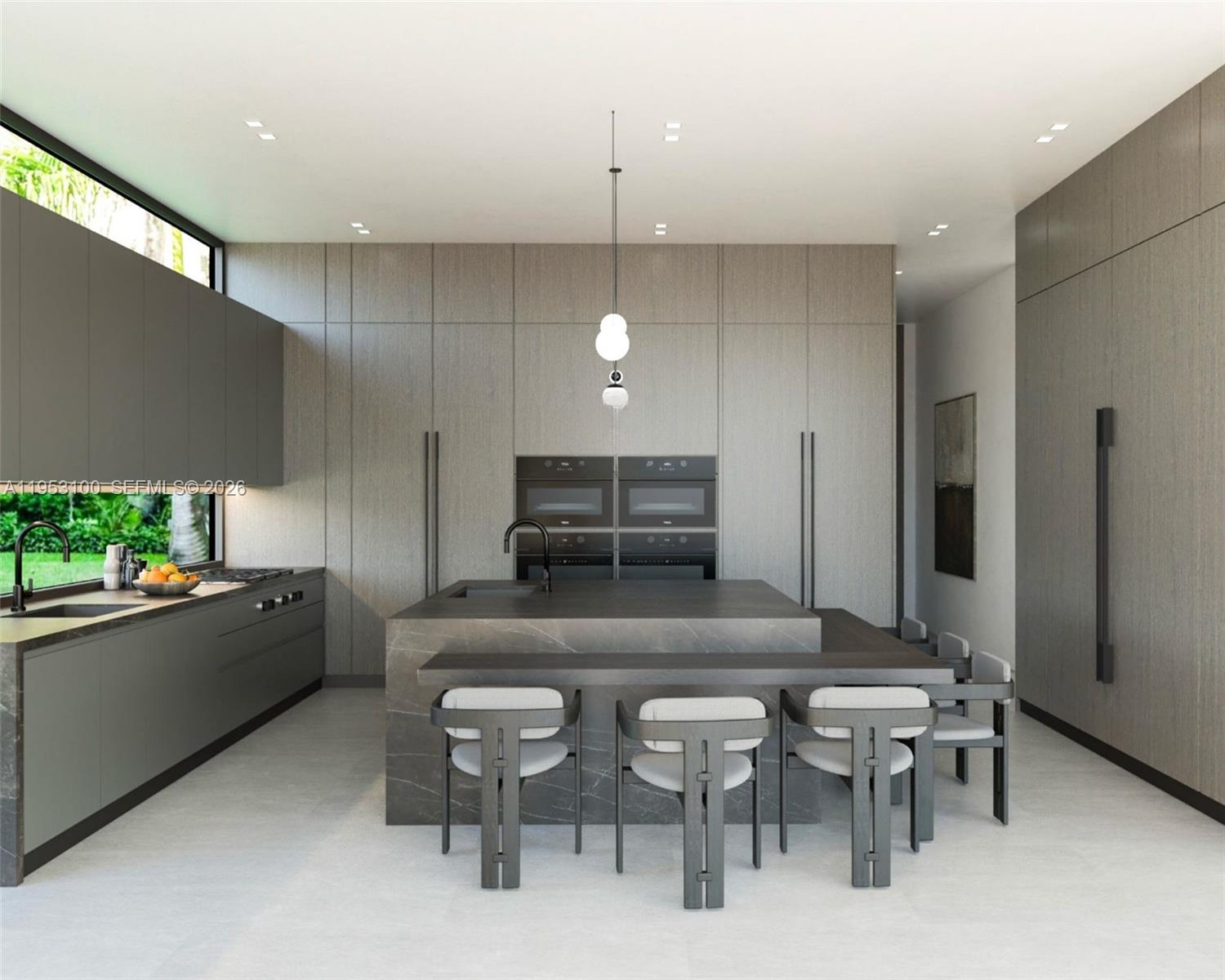 This is a rendering of a modern kitchen featuring dark cabinetry, a stone island, and seating — 1230 101st St, Bay Harbor Islands FL 33154, BAY HARBOR ISLANDS, FL