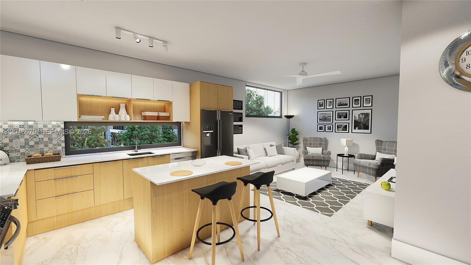 This rendering shows an open-concept kitchen and living area with light wood cabinetry — 420 NE 72 # 4, Miami FL 33138, MIAMI, FL