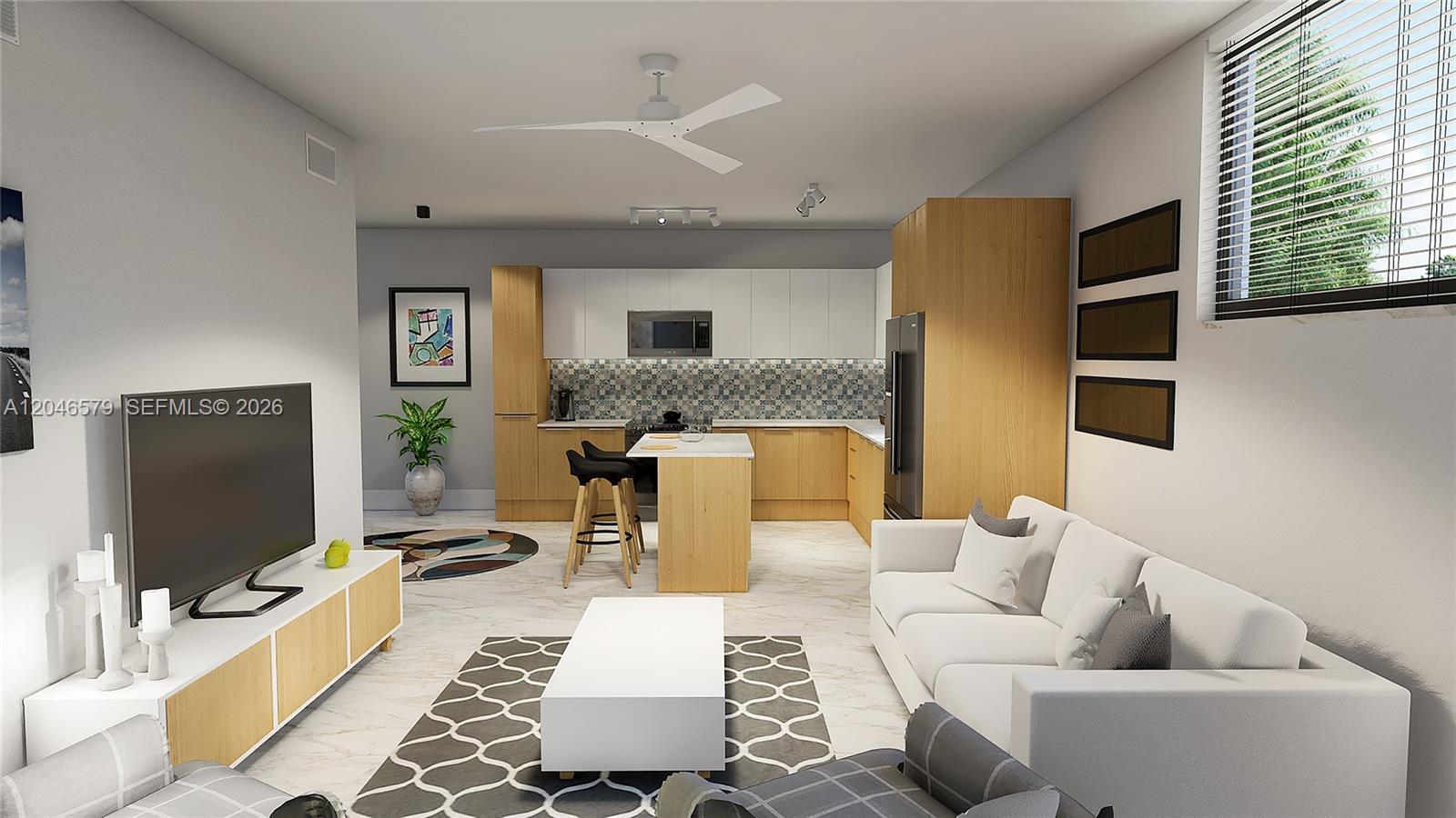This is a rendering of an open-concept living room and kitchen with modern finishes — 420 NE 72 # 4, Miami FL 33138, MIAMI, FL
