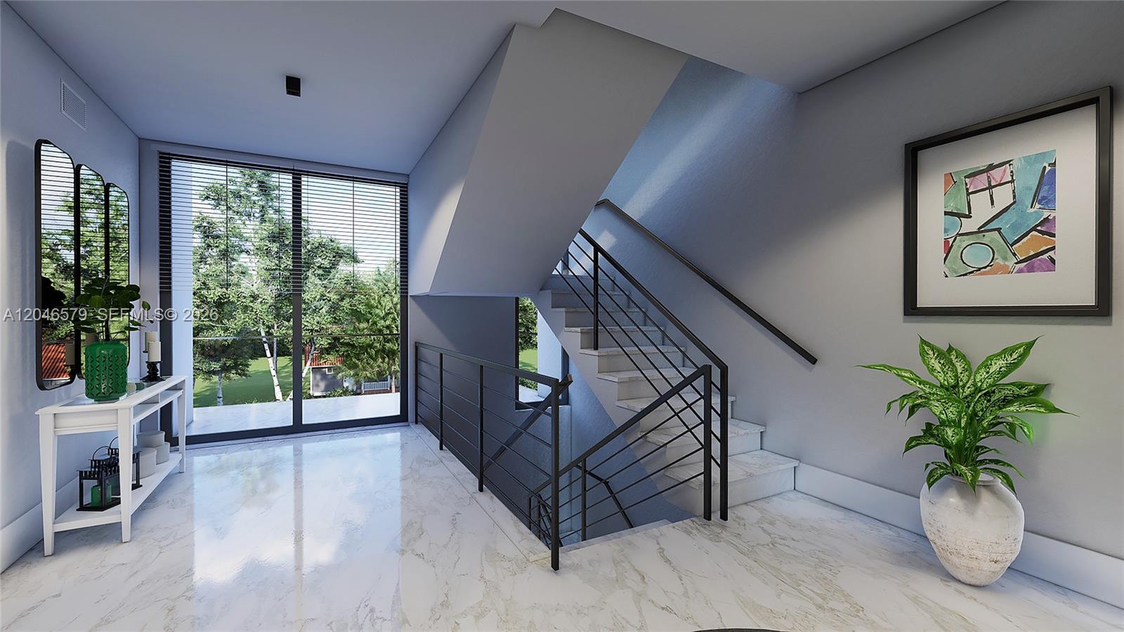 This rendering shows a modern foyer with marble floors, a staircase, and large glass windows — 420 NE 72 # 4, Miami FL 33138, MIAMI, FL