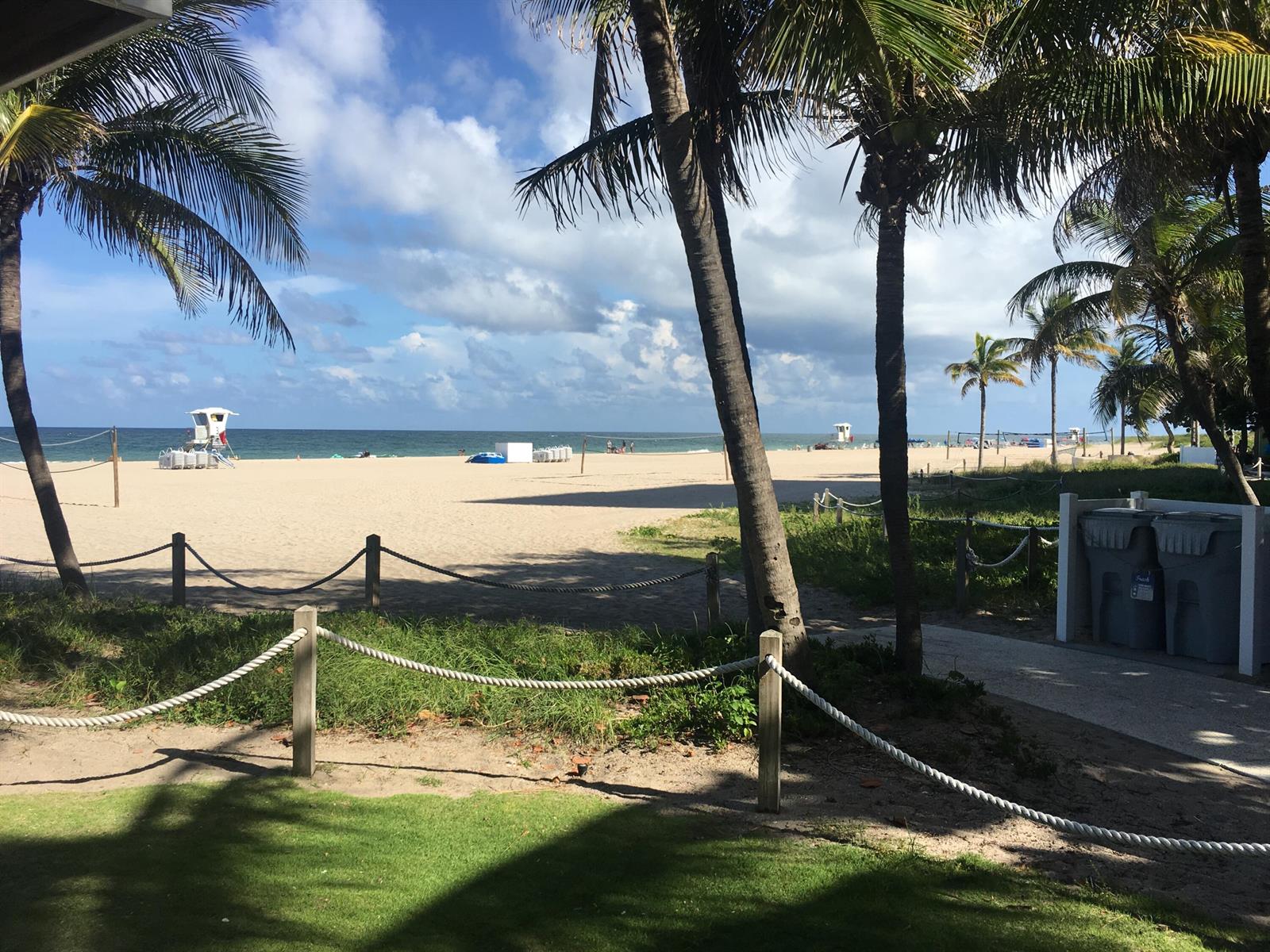 A sandy beach with palm trees, a lifeguard tower, and a rope-fenced walkway — 305 N Pompano Beach Boulevard # 606, Pompano Beach FL 33062, POMPANO BEACH, FL