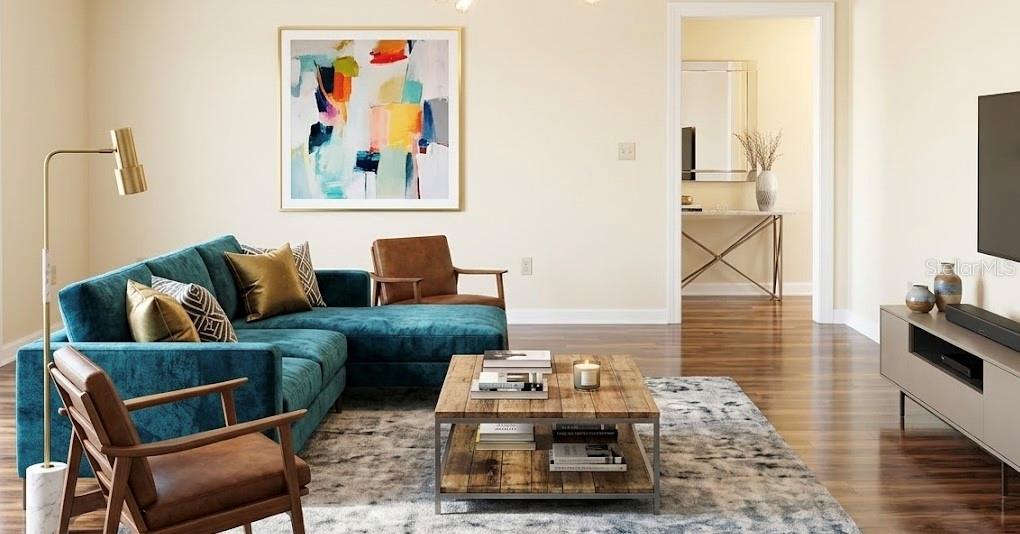 A living room features a teal sectional sofa, wood coffee table, and two brown armchairs — 6611 SW 80TH AVENUE, OCALA, FL