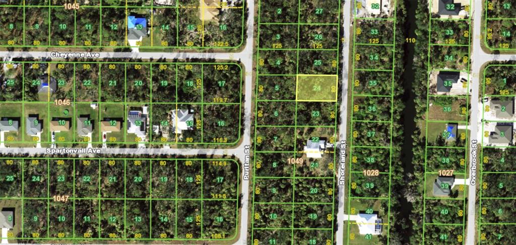 This is a satellite map showing residential land parcels and street layouts — 281 SHORELAND STREET, PORT CHARLOTTE, FL