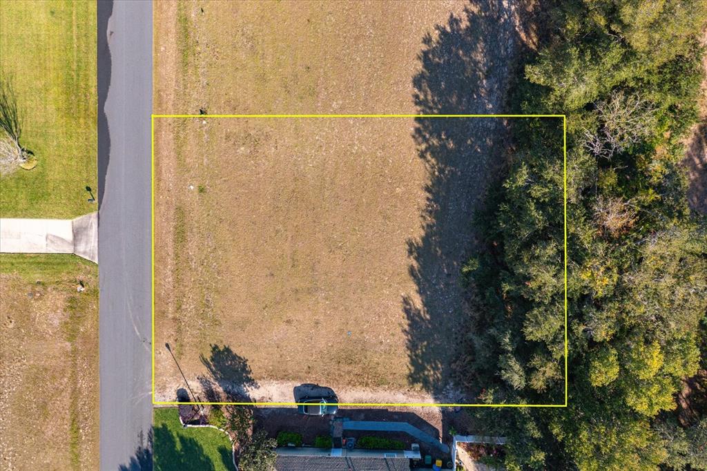 An aerial view shows a rectangular vacant lot outlined in yellow next to a road — 1009 MYRTLE BREEZES COURT, FRUITLAND PARK, FL