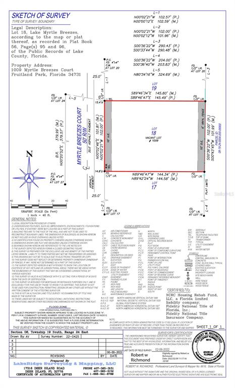 This is a land survey map showing the boundary lines and dimensions of a vacant lot — 1009 MYRTLE BREEZES COURT, FRUITLAND PARK, FL