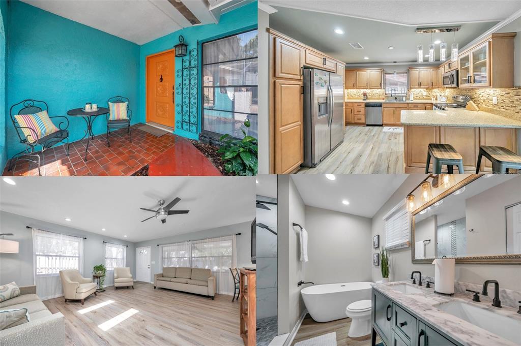 A kitchen features light wood cabinets, granite countertops, stainless steel appliances, and pendant lighting — 717 CAROLINA AVENUE, TARPON SPRINGS, FL