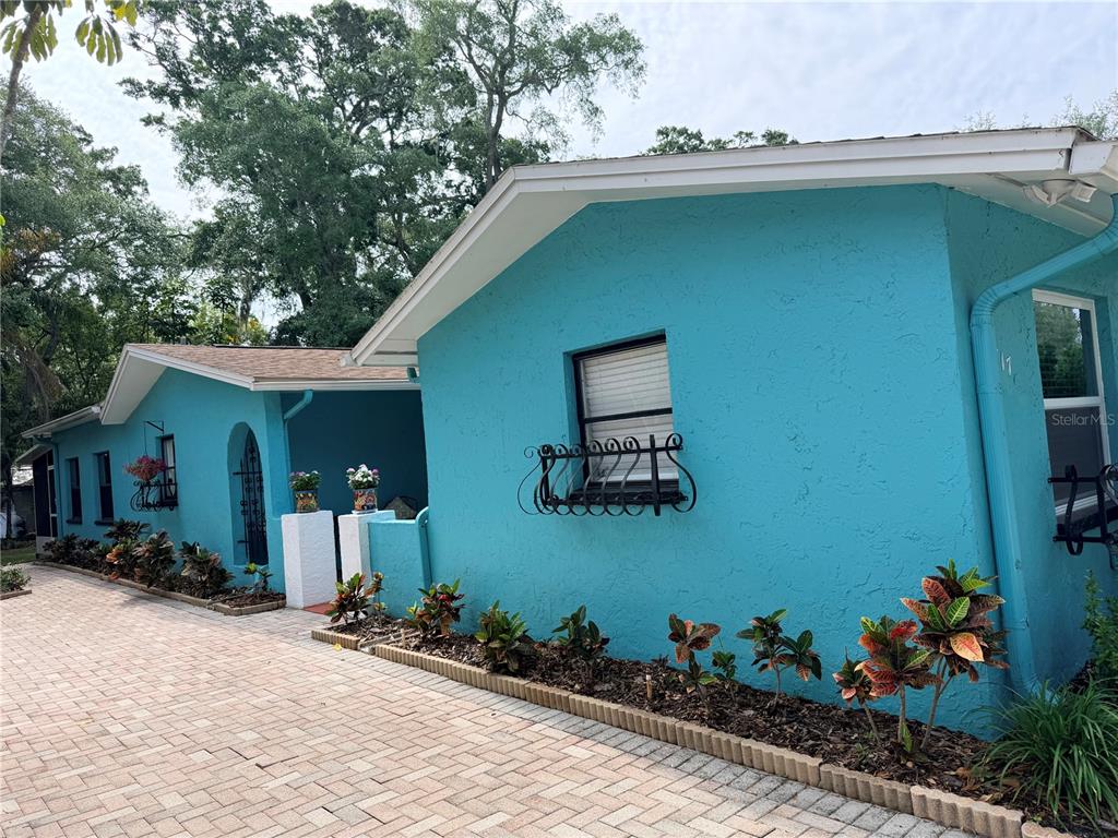 A bright blue house exterior features a paved driveway and a small garden bed — 717 CAROLINA AVENUE, TARPON SPRINGS, FL