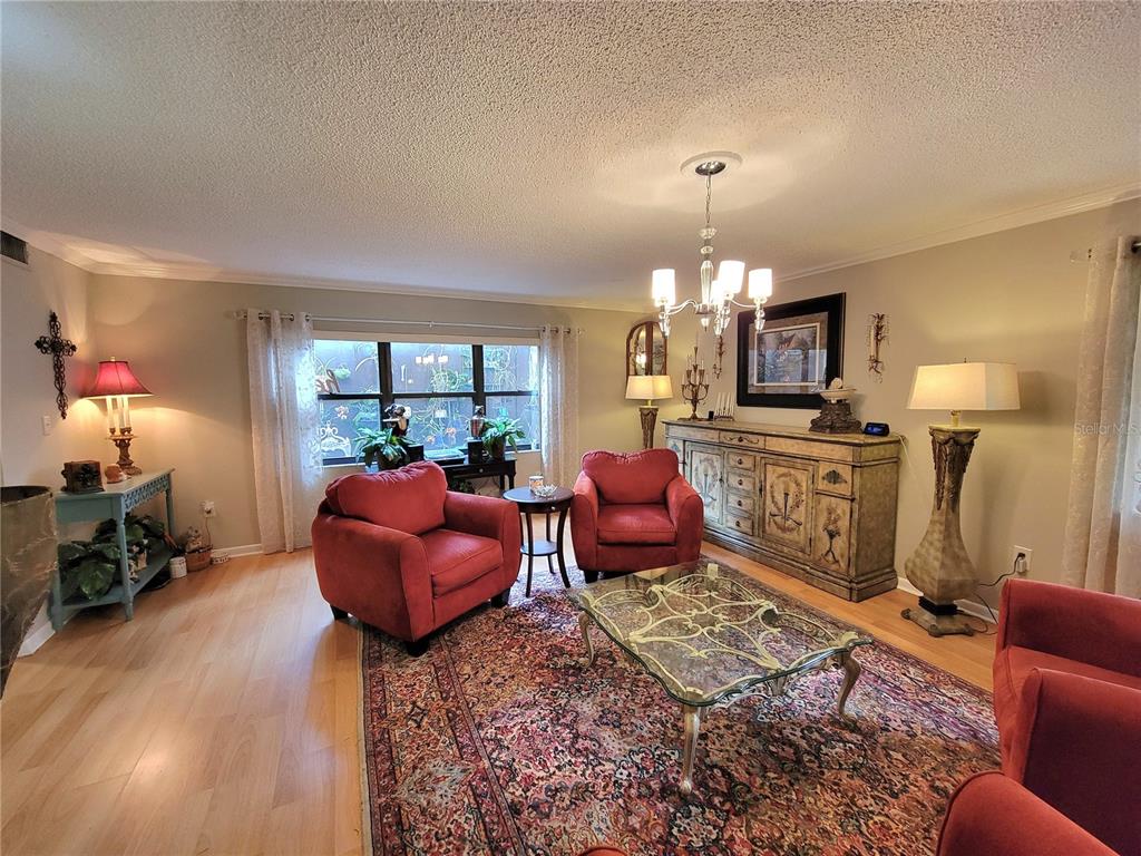 A living room features red armchairs, a patterned area rug, and a glass coffee table — 1 CASA LOMA WAY, LAKELAND, FL