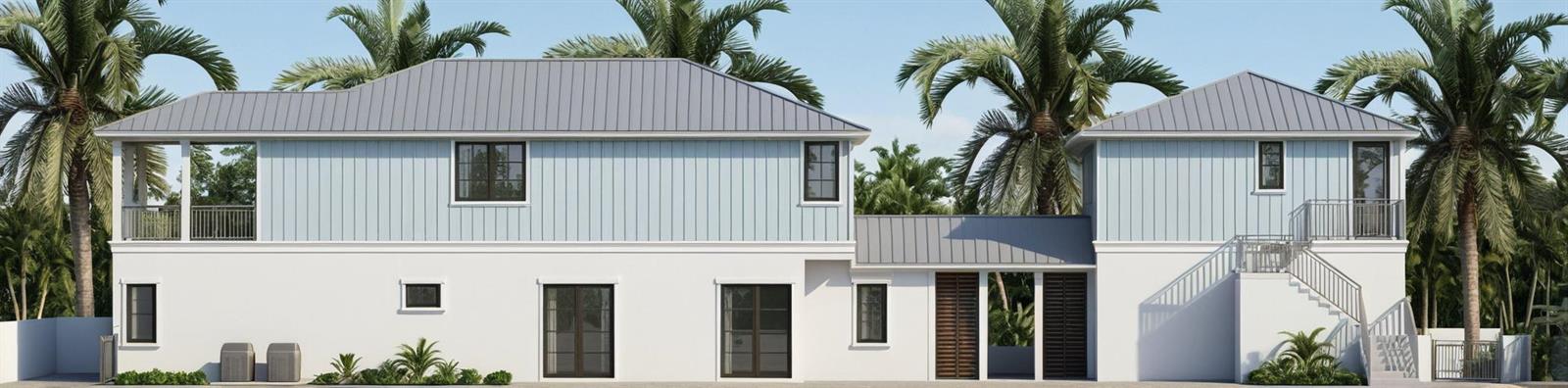 This exterior rendering shows a two-story house with light blue vertical siding and white walls — 229 NE 5th Street, Delray Beach FL 33444, DELRAY BEACH, FL
