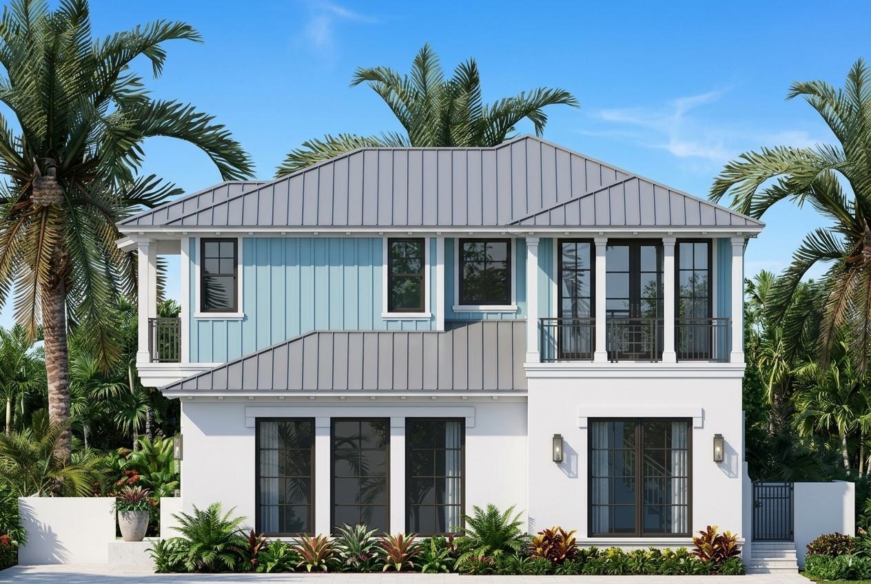 A rendering of a two-story house with white stucco, blue siding, and a metal roof — 229 NE 5th Street, Delray Beach FL 33444, DELRAY BEACH, FL
