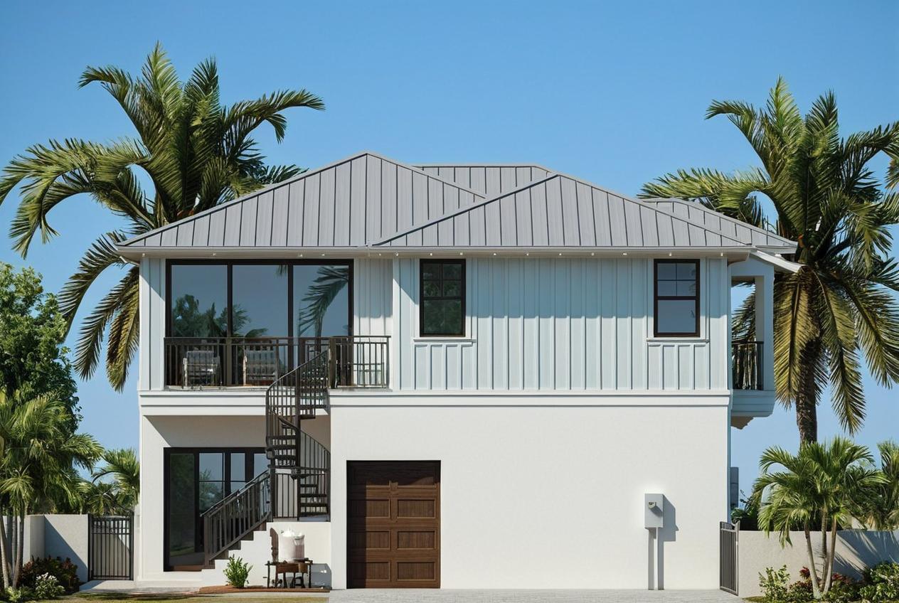 This is a rendering of a two-story house with a metal roof and spiral staircase — 229 NE 5th Street, Delray Beach FL 33444, DELRAY BEACH, FL