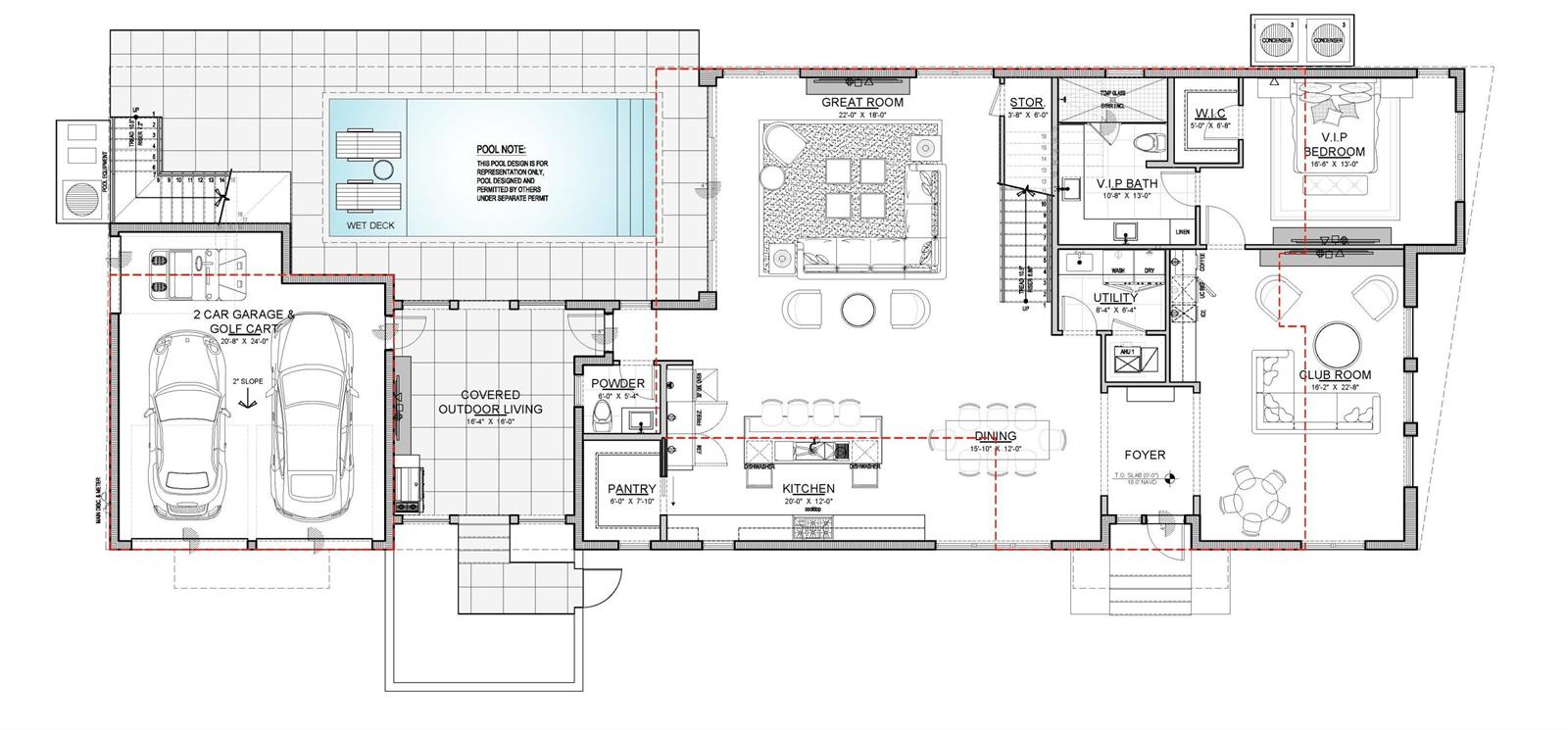 This architectural floor plan shows a single-story home layout with a pool and garage — 229 NE 5th Street, Delray Beach FL 33444, DELRAY BEACH, FL