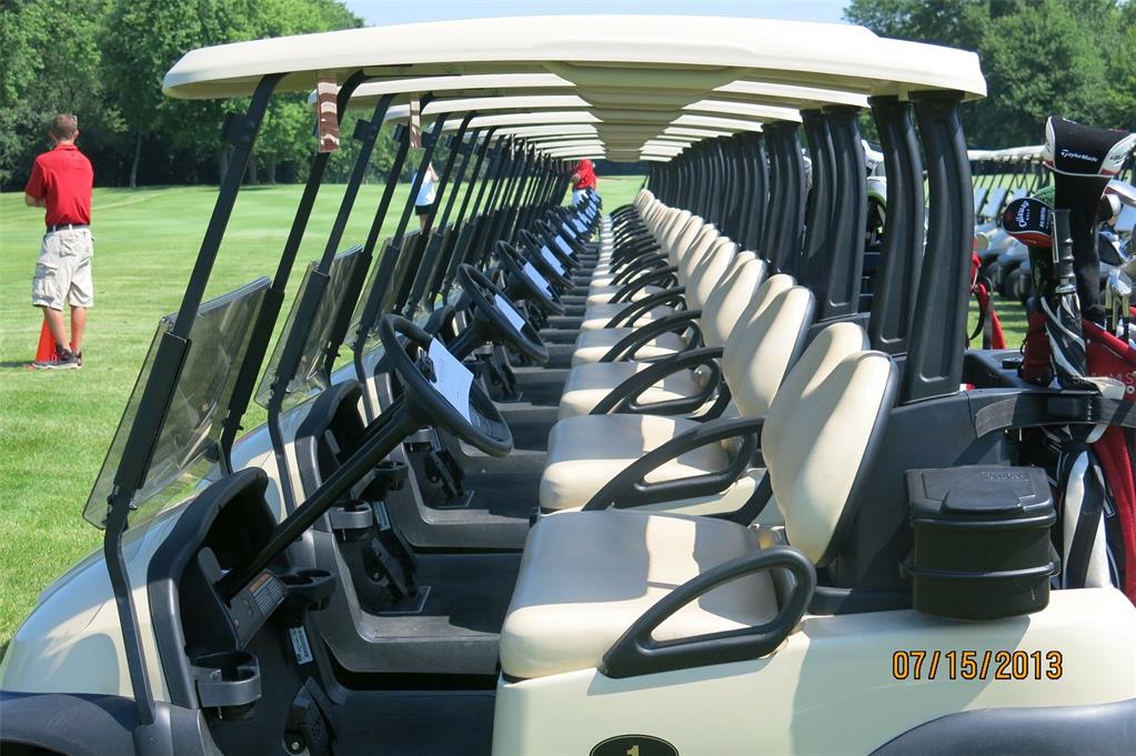 A long row of parked golf carts sits on a grassy field on a sunny day — 1162 BOUNDARY BOULEVARD, ROTONDA WEST, FL