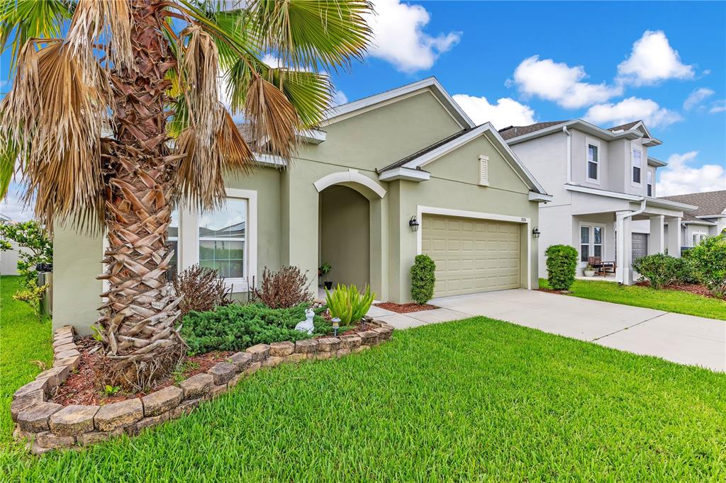 A single-story house with a light green exterior, a two-car garage, and a palm tree — 3920 CABO ROJO DRIVE, ST CLOUD, FL