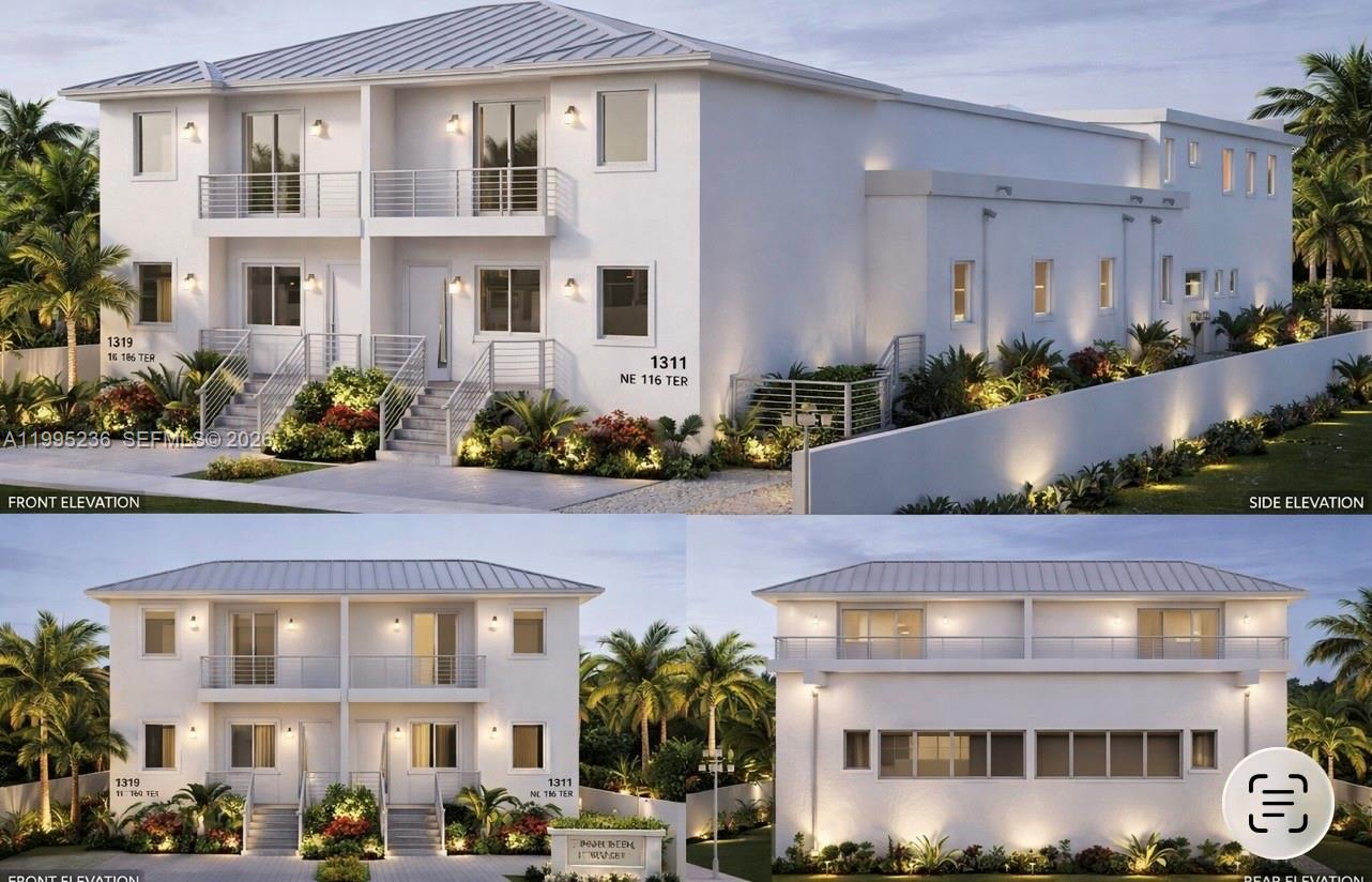 This architectural rendering shows the exterior elevations of a two-story white modern duplex building — 1309 NE 110th Terrace, Miami FL 33161, MIAMI, FL