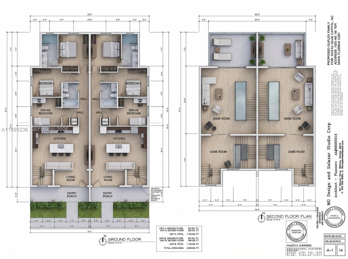 This is a floor plan rendering for a proposed duplex with two levels — 1309 NE 110th Terrace, Miami FL 33161, MIAMI, FL