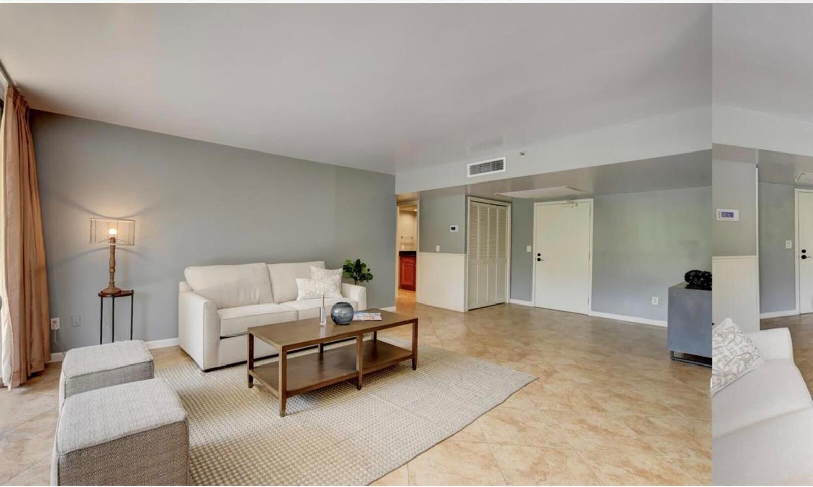 A living room features a white sofa, coffee table, area rug, and light-colored tile flooring — 859 Jeffery Street # 3030, Boca Raton FL 33487, BOCA RATON, FL