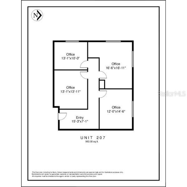 This is a floor plan for Unit 207, showing an entry and four separate offices — 901 DOUGLAS AVENUE UNIT 239, ALTAMONTE SPRINGS, FL