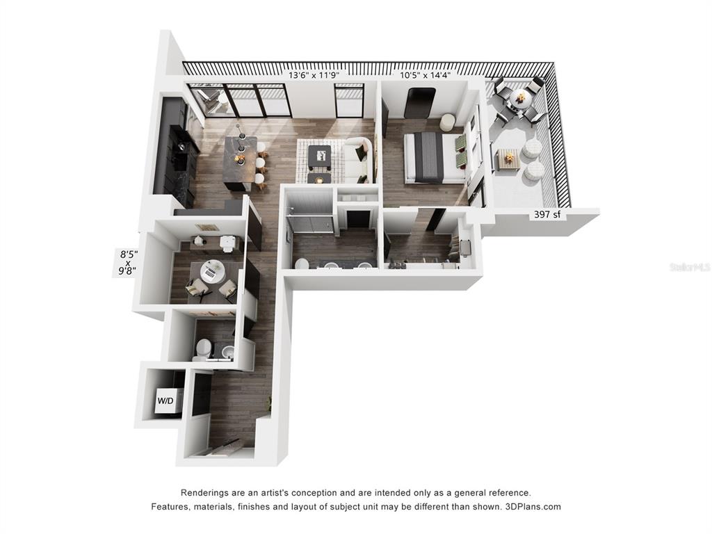This is a 3D floor plan rendering of a one-bedroom apartment with a large balcony — 221 MAIN STREET N UNIT A3-1506, ST PETERSBURG, FL